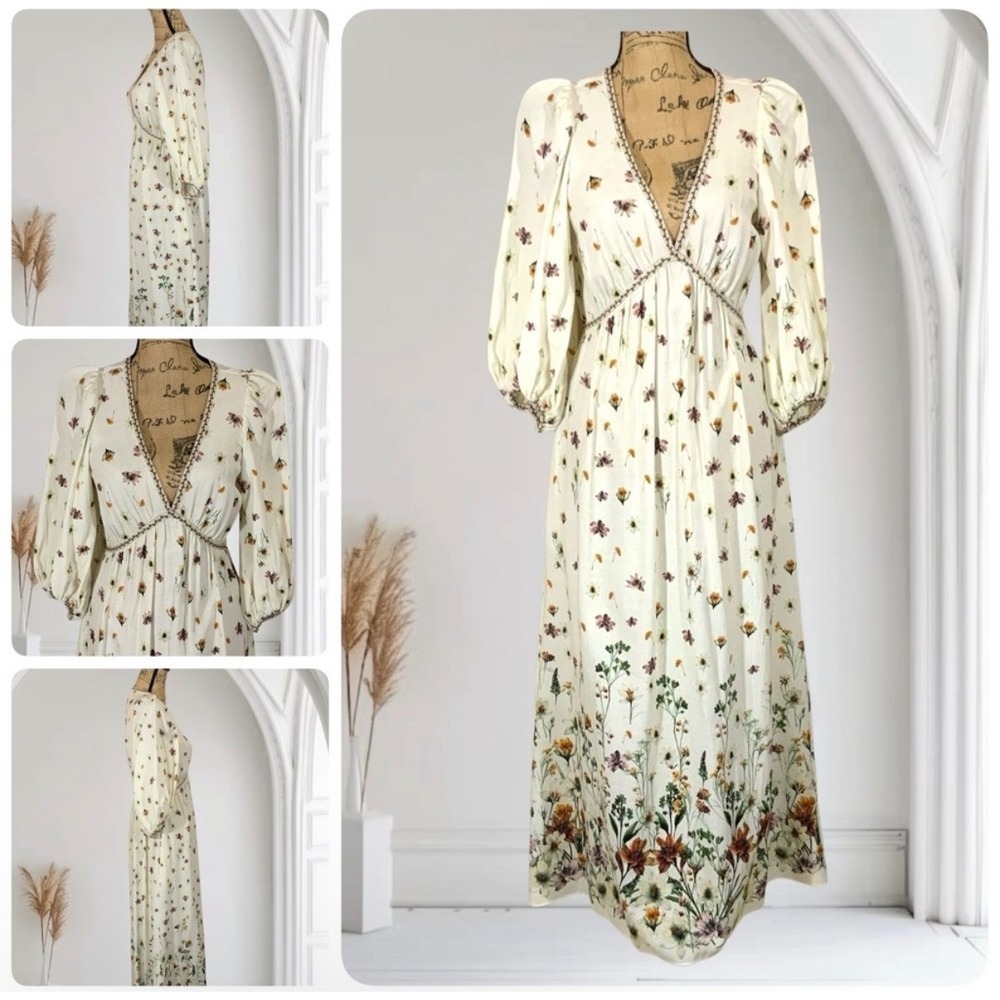 Max Studio London Floral Linen Blend Long Maxi Dress Cream Wildflower V-Neck L